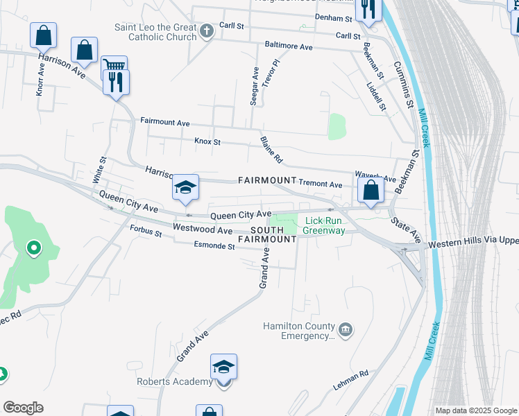map of restaurants, bars, coffee shops, grocery stores, and more near 1709 Queen City Avenue in Cincinnati