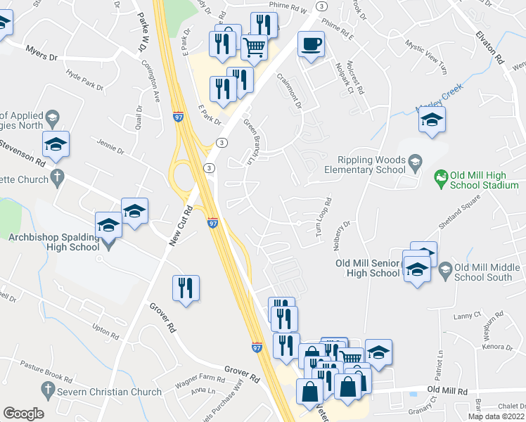 map of restaurants, bars, coffee shops, grocery stores, and more near 8103 Fruitful Court in Glen Burnie