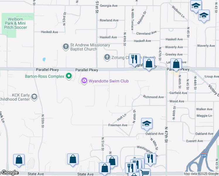 map of restaurants, bars, coffee shops, grocery stores, and more near 1827 North 50 Terrace in Kansas City