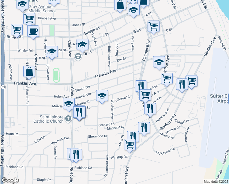 map of restaurants, bars, coffee shops, grocery stores, and more near 71 Morton Street in Yuba City