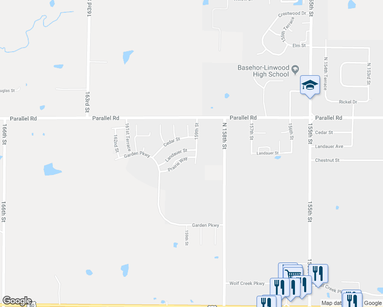 map of restaurants, bars, coffee shops, grocery stores, and more near 15900 Prairie Way in Basehor