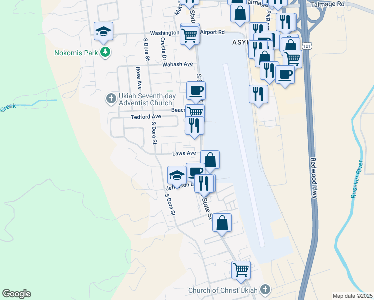 map of restaurants, bars, coffee shops, grocery stores, and more near 104 Laws Avenue in Ukiah