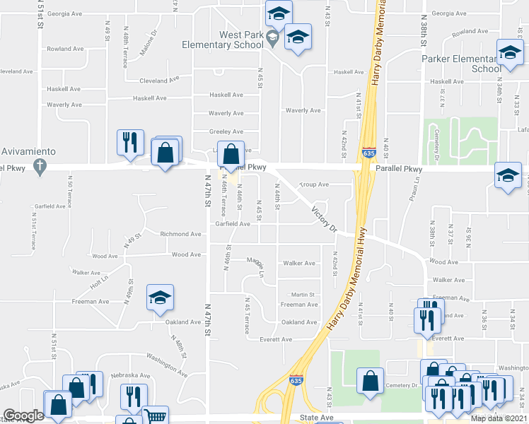 map of restaurants, bars, coffee shops, grocery stores, and more near 1915 N 45th St in Kansas City