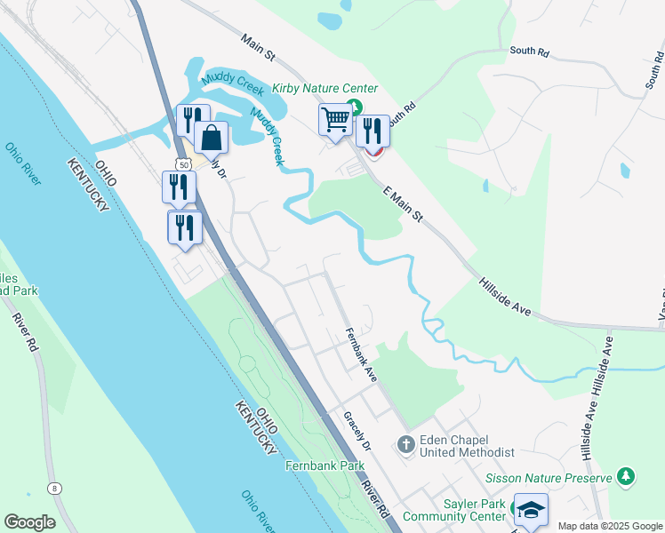 map of restaurants, bars, coffee shops, grocery stores, and more near 7272 Fernbank Avenue in Cincinnati