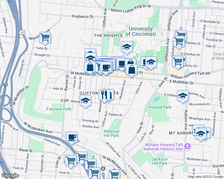 map of restaurants, bars, coffee shops, grocery stores, and more near 228 Atkinson Street in Cincinnati