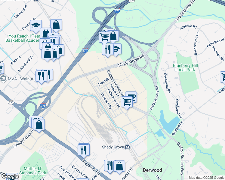 map of restaurants, bars, coffee shops, grocery stores, and more near 8071 Tribeca Street in Derwood