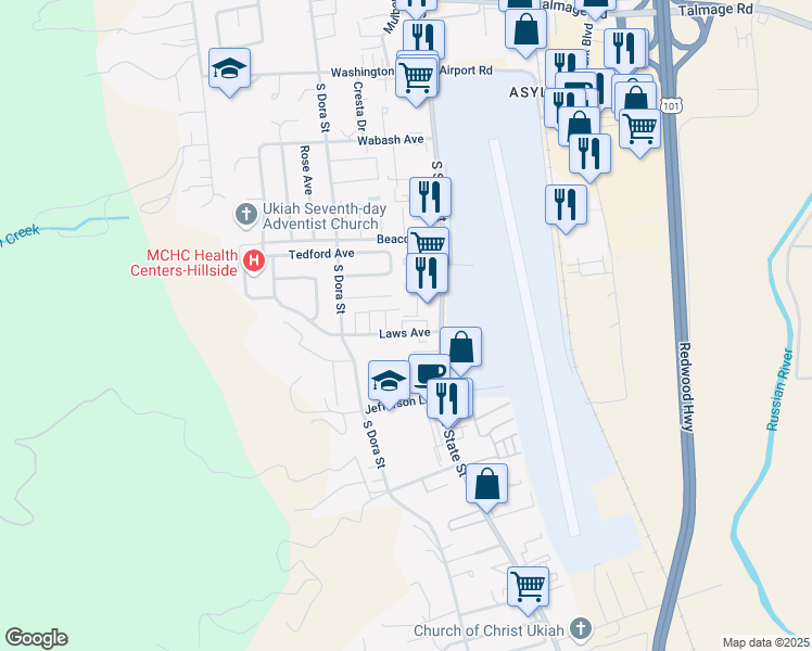 map of restaurants, bars, coffee shops, grocery stores, and more near 106 Laws Avenue in Ukiah