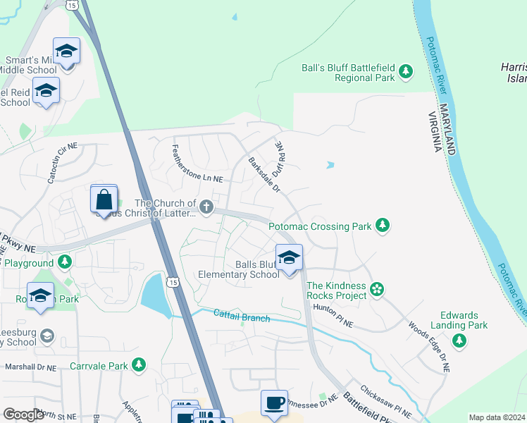 map of restaurants, bars, coffee shops, grocery stores, and more near 1405 Campbell Court Northeast in Leesburg