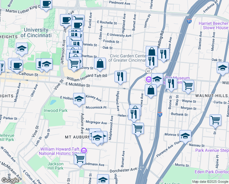map of restaurants, bars, coffee shops, grocery stores, and more near 195 East McMillan Street in Cincinnati