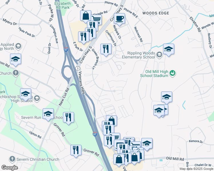 map of restaurants, bars, coffee shops, grocery stores, and more near 8132 Cloverhurst Road in Glen Burnie