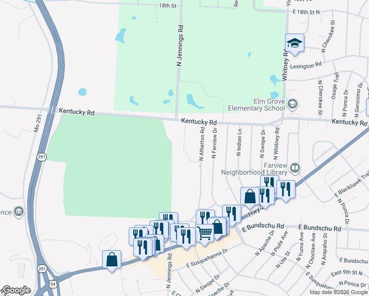 map of restaurants, bars, coffee shops, grocery stores, and more near 1208 North Atherton Road in Independence