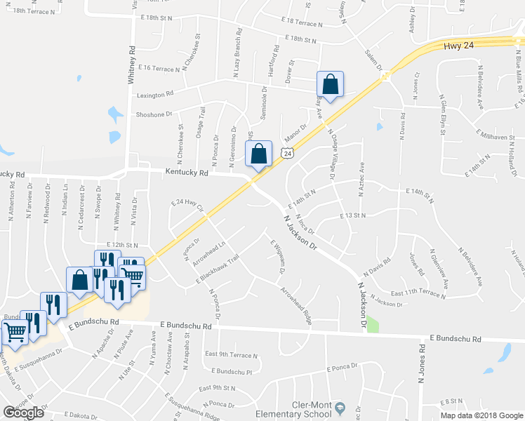 map of restaurants, bars, coffee shops, grocery stores, and more near 18721 E 13th Terrace Court North in Independence