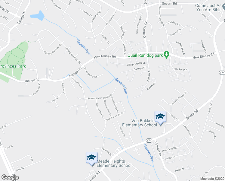 map of restaurants, bars, coffee shops, grocery stores, and more near 1610 Stream Valley Overlook in Severn