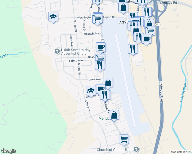 map of restaurants, bars, coffee shops, grocery stores, and more near 106 Laws Avenue in Ukiah