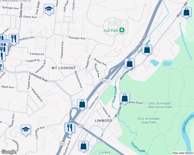 map of restaurants, bars, coffee shops, grocery stores, and more near 3663 Russell Avenue in Cincinnati