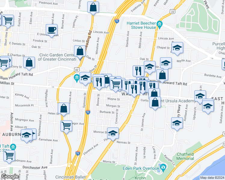 map of restaurants, bars, coffee shops, grocery stores, and more near 731 East McMillan Street in Cincinnati