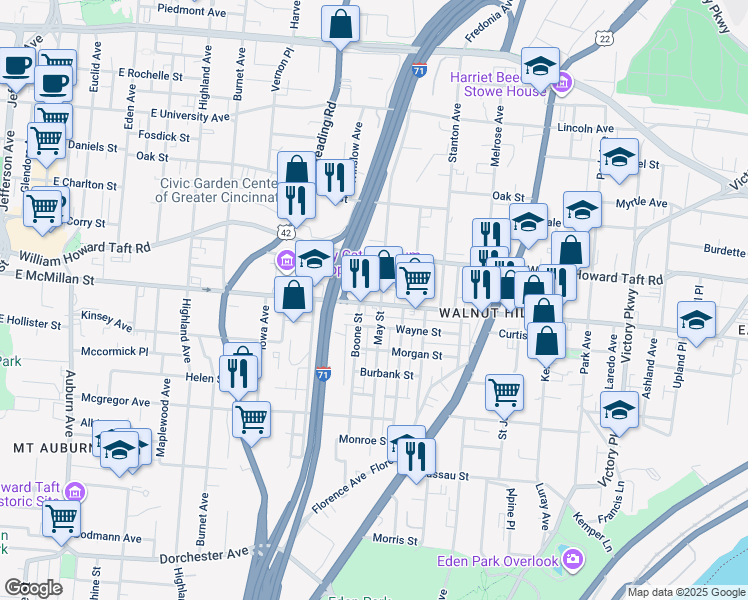 map of restaurants, bars, coffee shops, grocery stores, and more near 701 East McMillan Street in Cincinnati