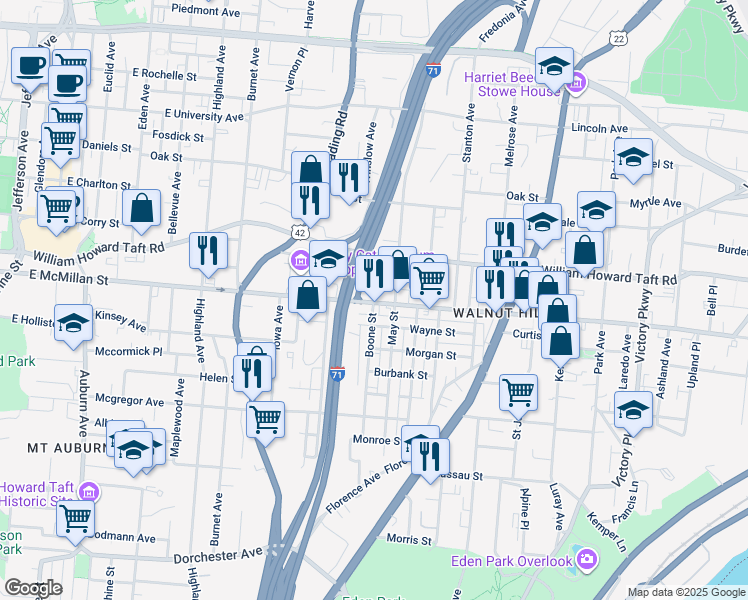 map of restaurants, bars, coffee shops, grocery stores, and more near 633 East McMillan Street in Cincinnati
