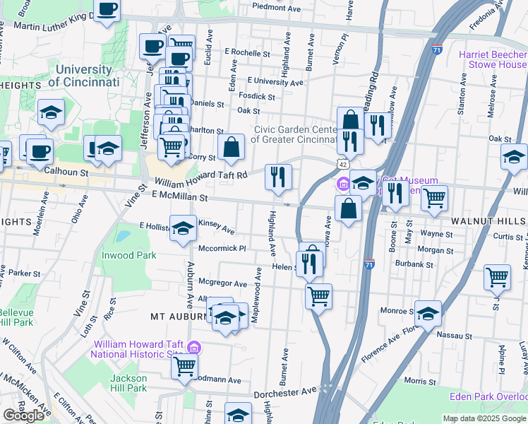 map of restaurants, bars, coffee shops, grocery stores, and more near 2439 Highland Avenue in Cincinnati