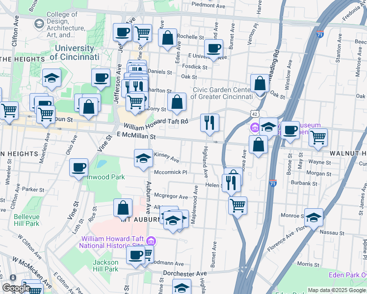 map of restaurants, bars, coffee shops, grocery stores, and more near 2474 Paris Street in Cincinnati