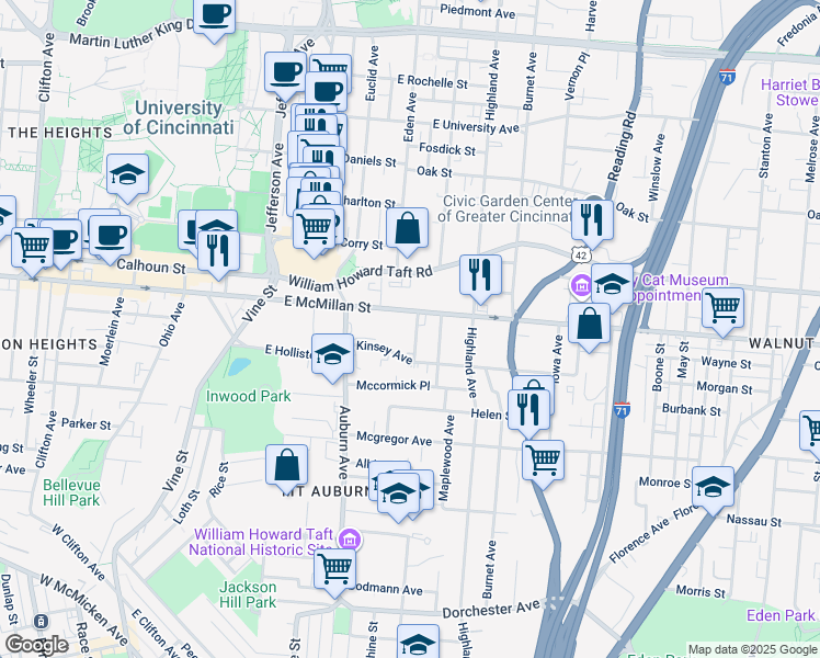 map of restaurants, bars, coffee shops, grocery stores, and more near 2474 Paris Street in Cincinnati