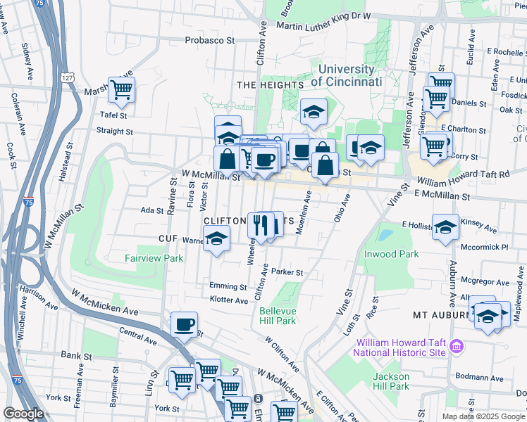 map of restaurants, bars, coffee shops, grocery stores, and more near 2336 Wheeler Street in Cincinnati