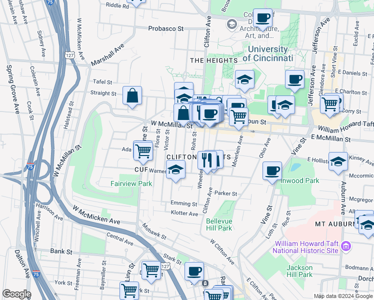 map of restaurants, bars, coffee shops, grocery stores, and more near 2328 Chickasaw Street in Cincinnati