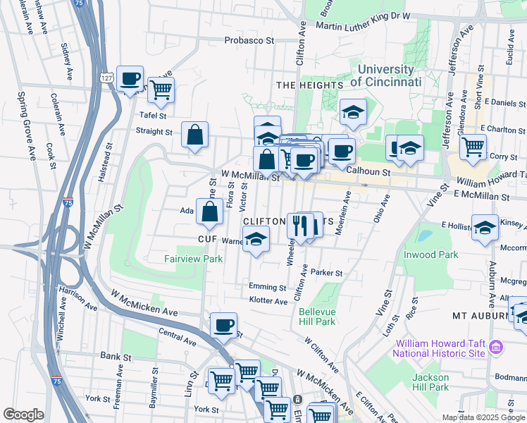 map of restaurants, bars, coffee shops, grocery stores, and more near 2328 Chickasaw Street in Cincinnati