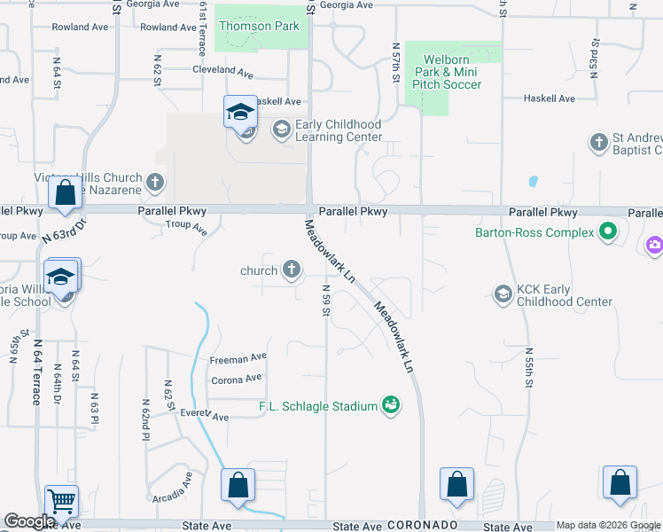 map of restaurants, bars, coffee shops, grocery stores, and more near 1812 North 59 Street in Kansas City