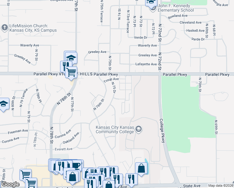 map of restaurants, bars, coffee shops, grocery stores, and more near 1815 North 75 Drive in Kansas City