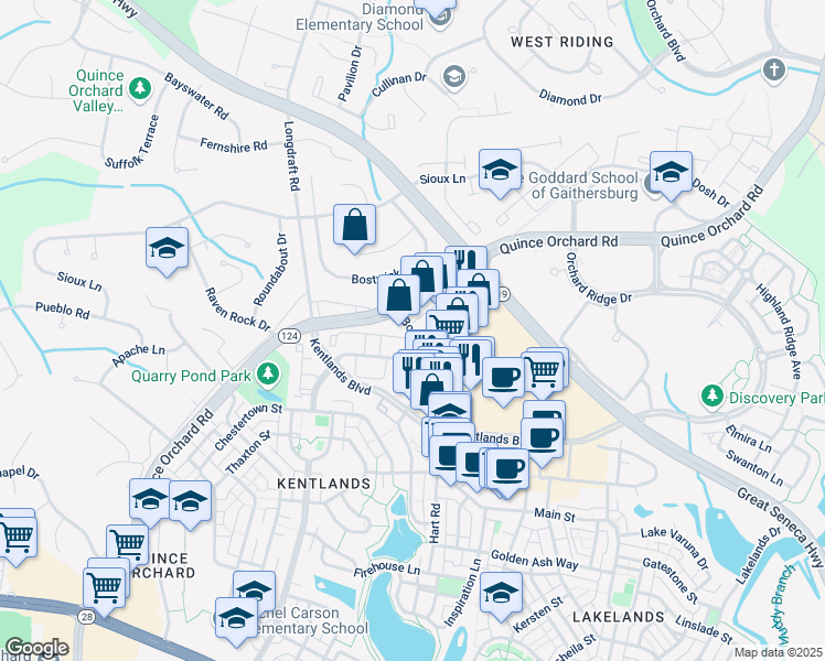 map of restaurants, bars, coffee shops, grocery stores, and more near 31 Booth Street in Gaithersburg