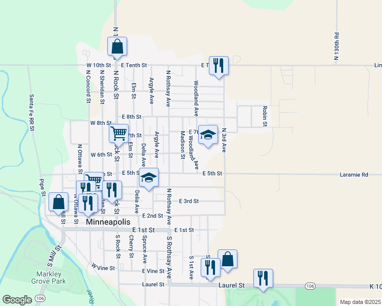 map of restaurants, bars, coffee shops, grocery stores, and more near 599 Woodland Avenue in Minneapolis