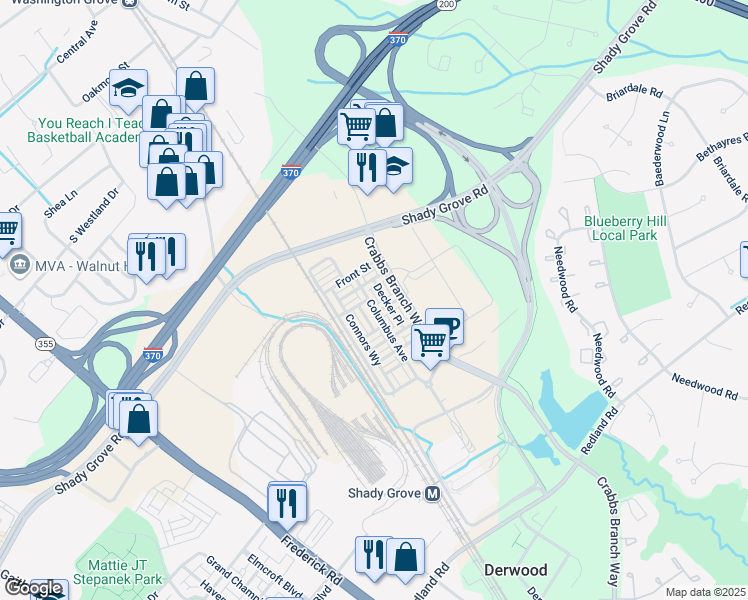 map of restaurants, bars, coffee shops, grocery stores, and more near 16309 Columbus Avenue in Rockville