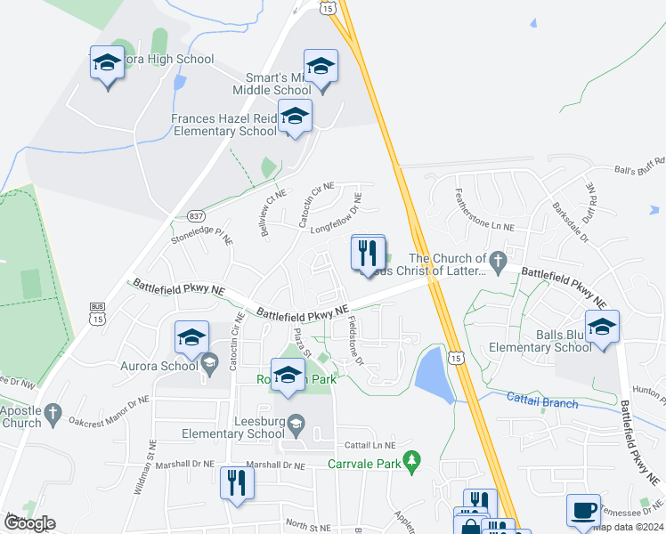 map of restaurants, bars, coffee shops, grocery stores, and more near 700 Clark Court Northeast in Leesburg