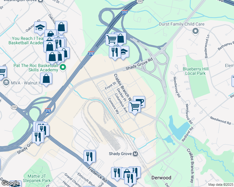 map of restaurants, bars, coffee shops, grocery stores, and more near 16309 Columbus Avenue in Rockville