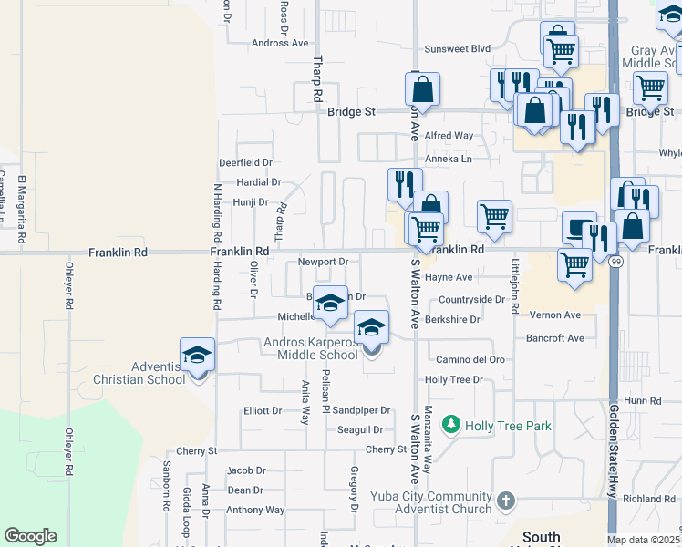 map of restaurants, bars, coffee shops, grocery stores, and more near 152 College Hill Way in Yuba City
