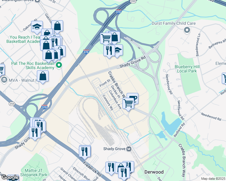 map of restaurants, bars, coffee shops, grocery stores, and more near 16300 Decker Place in Derwood