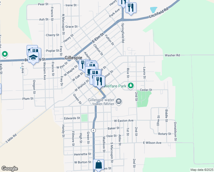 map of restaurants, bars, coffee shops, grocery stores, and more near 311 Montgomery Street in Gillespie