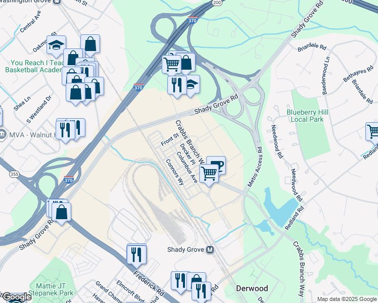 map of restaurants, bars, coffee shops, grocery stores, and more near 8047 Tribeca Street in Derwood