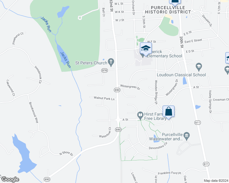 map of restaurants, bars, coffee shops, grocery stores, and more near 17727 Silcott Springs Road in Purcellville