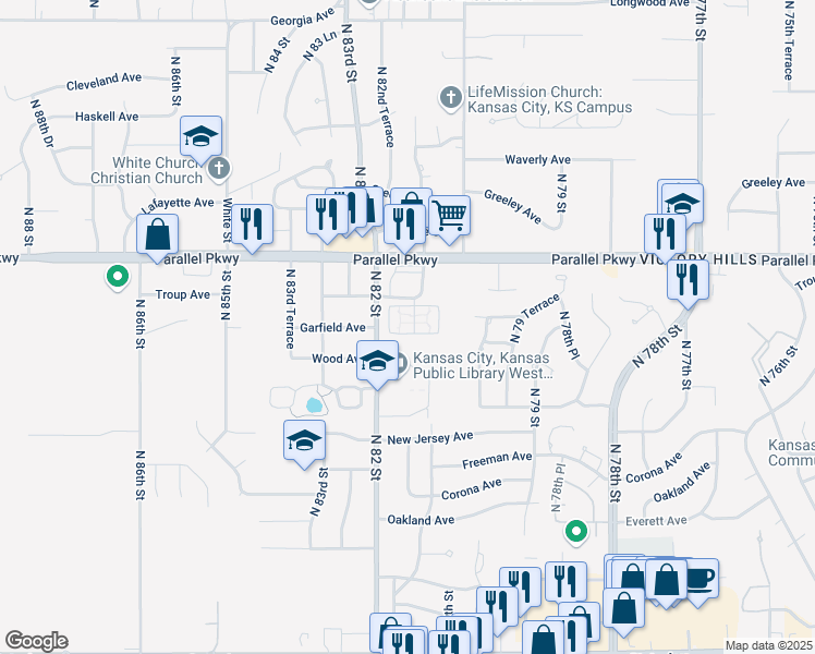map of restaurants, bars, coffee shops, grocery stores, and more near 8141 Troup Avenue in Kansas City