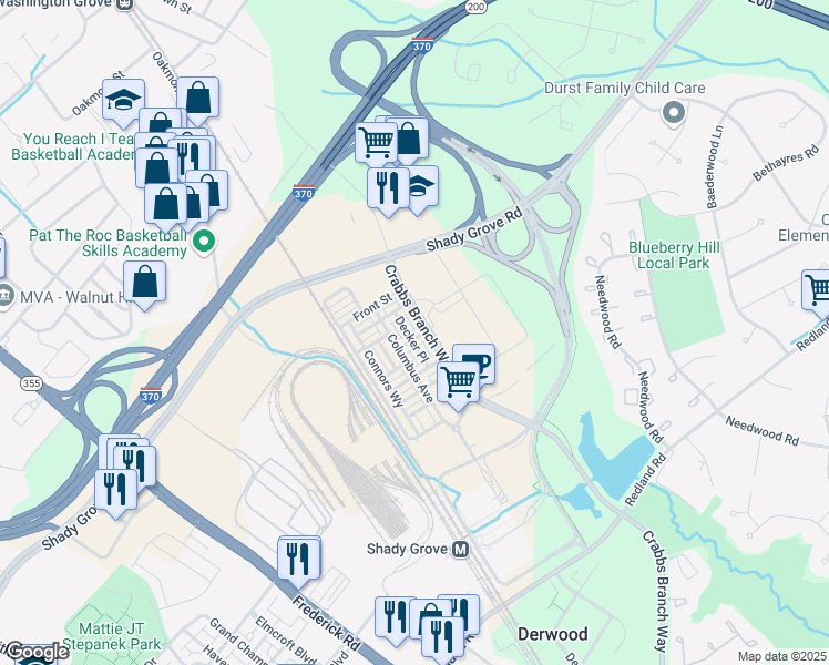 map of restaurants, bars, coffee shops, grocery stores, and more near 8047 Tribeca Street in Derwood