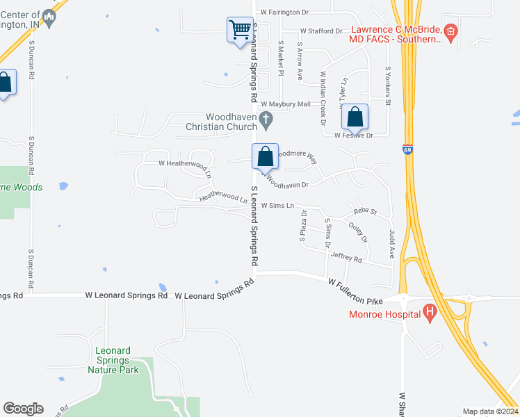 map of restaurants, bars, coffee shops, grocery stores, and more near 3921 West Sims Lane in Bloomington