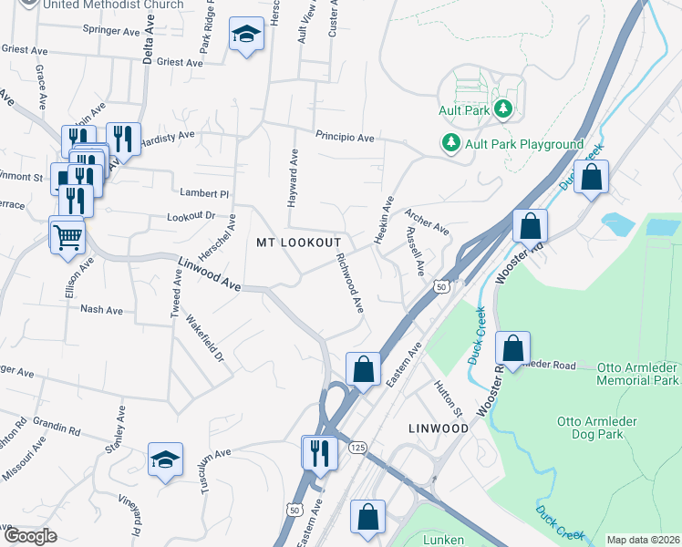 map of restaurants, bars, coffee shops, grocery stores, and more near 1071 Richwood Avenue in Cincinnati