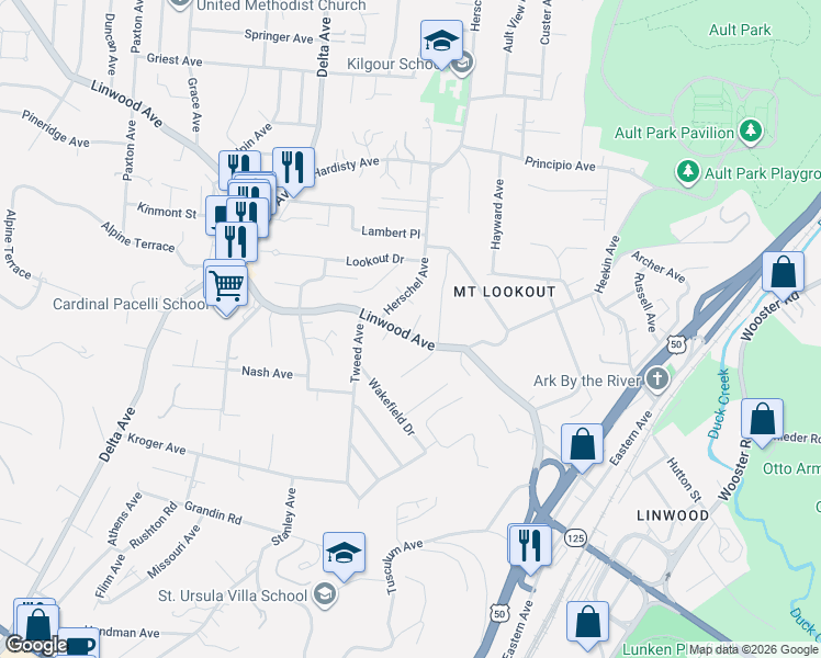 map of restaurants, bars, coffee shops, grocery stores, and more near 3462 Linwood Avenue in Cincinnati