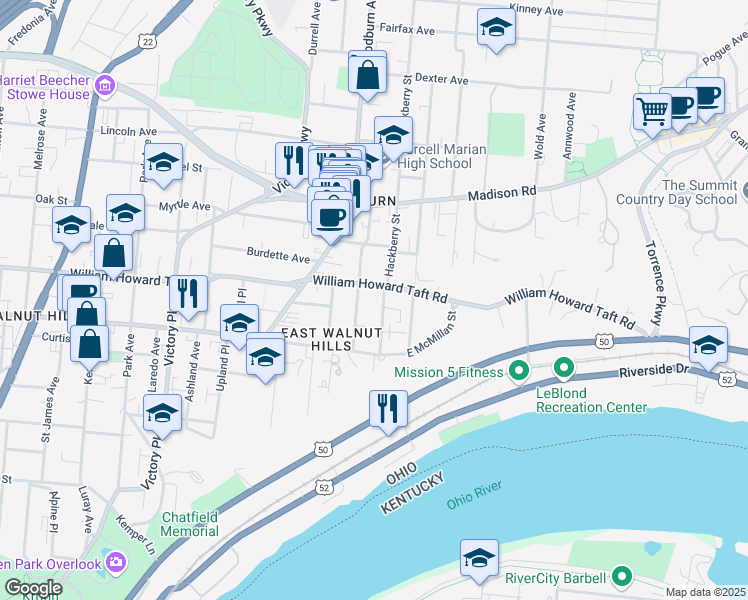 map of restaurants, bars, coffee shops, grocery stores, and more near in Cincinnati
