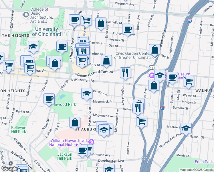 map of restaurants, bars, coffee shops, grocery stores, and more near 2474 Paris Street in Cincinnati
