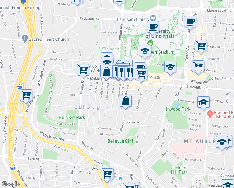 map of restaurants, bars, coffee shops, grocery stores, and more near 2336 Wheeler Street in Cincinnati