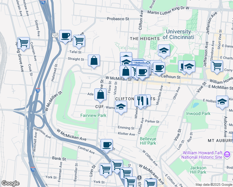 map of restaurants, bars, coffee shops, grocery stores, and more near 2320 Victor Street in Cincinnati