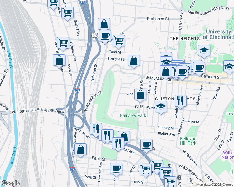 map of restaurants, bars, coffee shops, grocery stores, and more near in Cincinnati